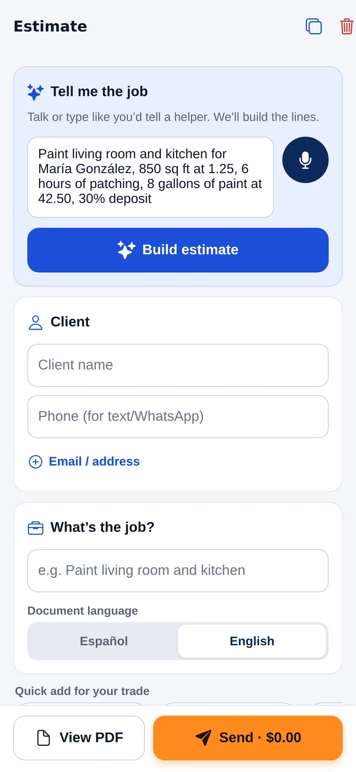Chambaly screen: 'Paint living room and kitchen for María González, 850 sq ft at 1.25, 6 hours of patching, 8 gallons of paint at 42.50, 30% deposit' typed into the Tell me the job box, with a Build estimate button