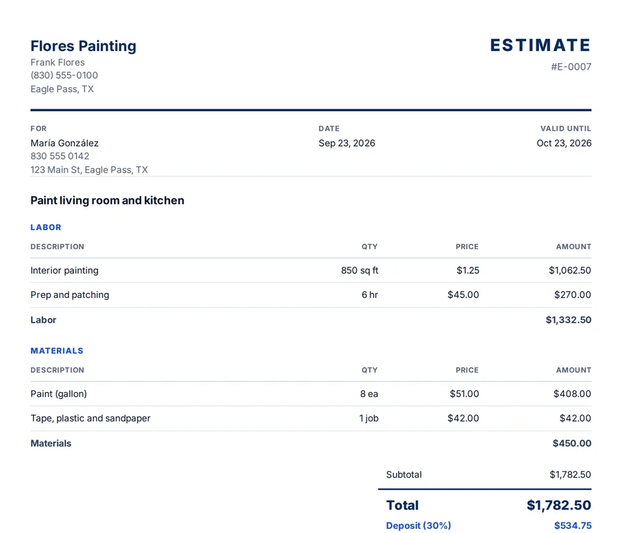 Sample estimate PDF from Flores Painting for María González, with Labor and Materials sections and totals