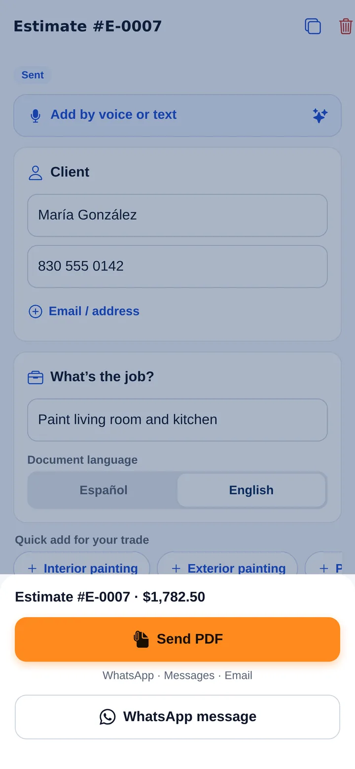 Send sheet with Send PDF and WhatsApp message buttons
